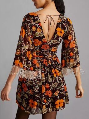 Anthro Verb Boho Floral Fringe Sleeve Mini Dress - Orange & Black
